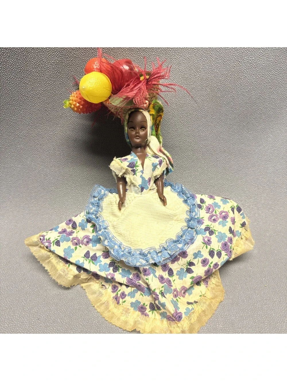 Vtg 70s Carribean Island Doll Tropical Fruit Hat Souvenir Black Sleepy Eyes 10”